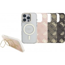 Coque iPhone 16 Pro - Guess magnétique MagSafe avec plaques interchangeables (rose / brun / noir) et Camera Stand - Transparent