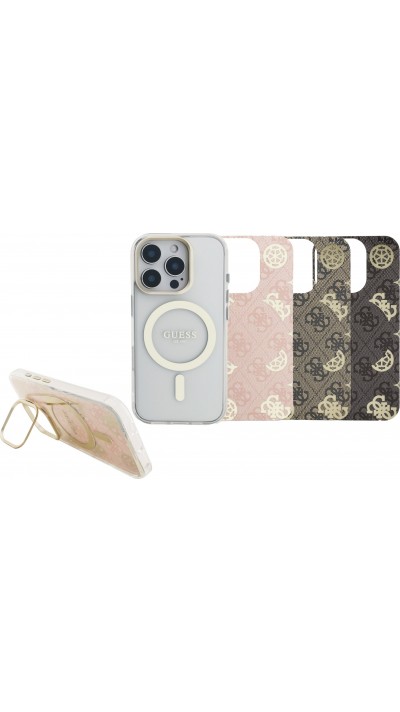Coque iPhone 16 Pro - Guess magnétique MagSafe avec plaques interchangeables (rose / brun / noir) et Camera Stand - Transparent