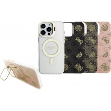 Coque iPhone 16 Pro Max - Guess magnétique MagSafe avec plaques interchangeables (rose / brun / noir) et Camera Stand - Transparent