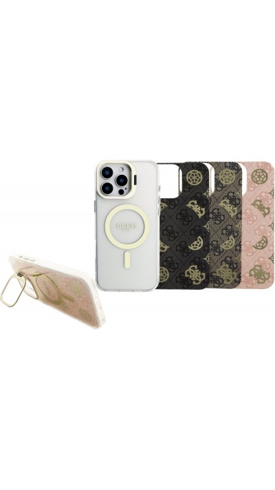 Coque iPhone 16 Pro Max - Guess magnétique MagSafe avec plaques interchangeables (rose / brun / noir) et Camera Stand - Transparent