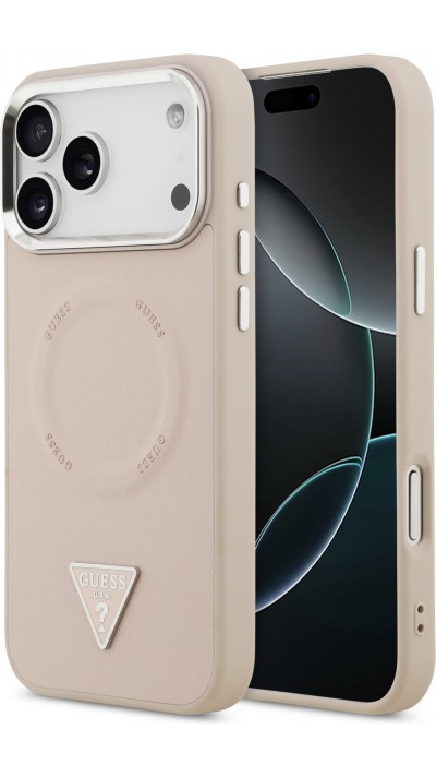 iPhone 17 Pro Max Case Hülle - Guess MagSafe PU-Leder mit Triangel-Logo und silbernem Kamerarahmen - Rosa