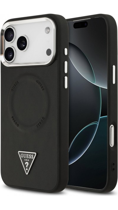 Coque iPhone 17 Pro - Guess MagSafe cuir PU avec logo triangle et cadre caméra métal argenté - Noir