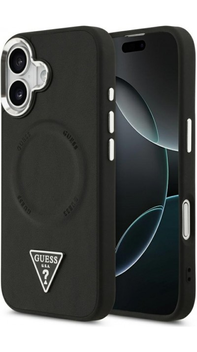 iPhone 17 Case Hülle - Guess MagSafe PU-Leder mit Triangel-Logo und silbernem Kamerarahmen - Schwarz