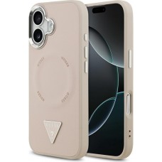 Coque iPhone 17 - Guess MagSafe cuir PU avec logo triangle et cadre caméra métal argenté - Rose