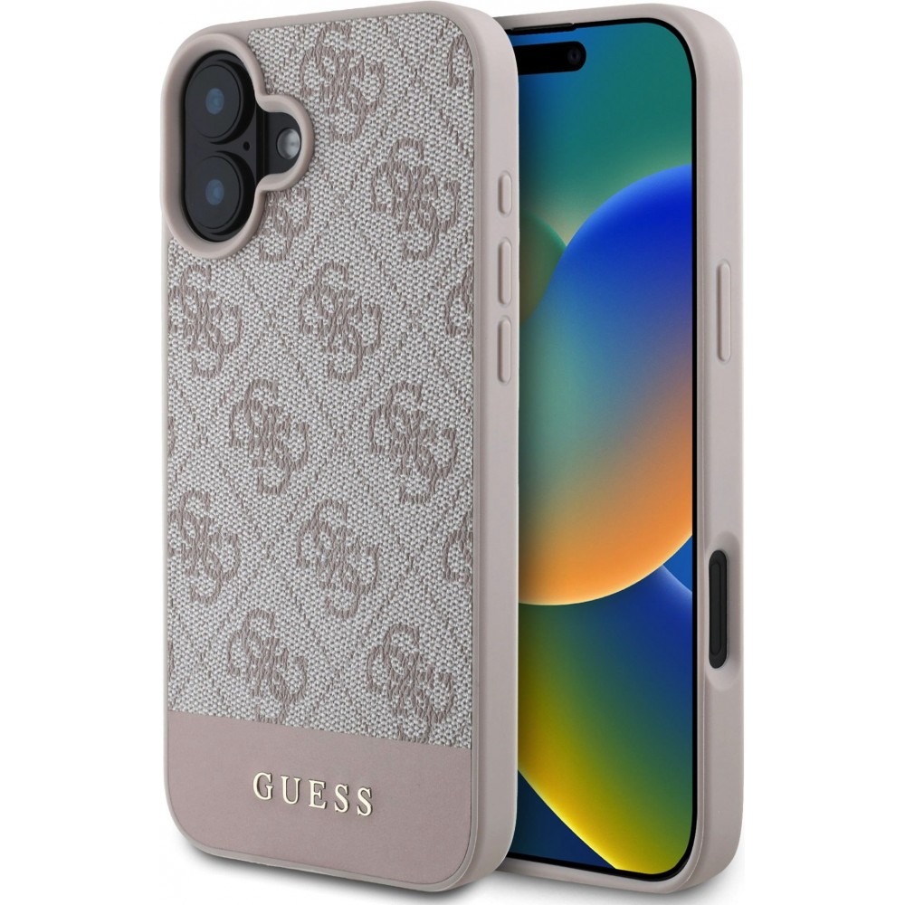 Coque iPhone 16 - Guess pattern 4G avec logo 3D doré - Rose