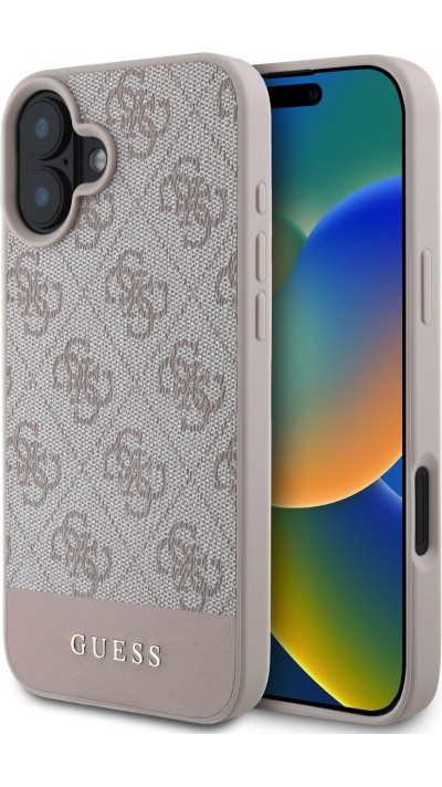 Coque iPhone 16 - Guess pattern 4G avec logo 3D doré - Rose