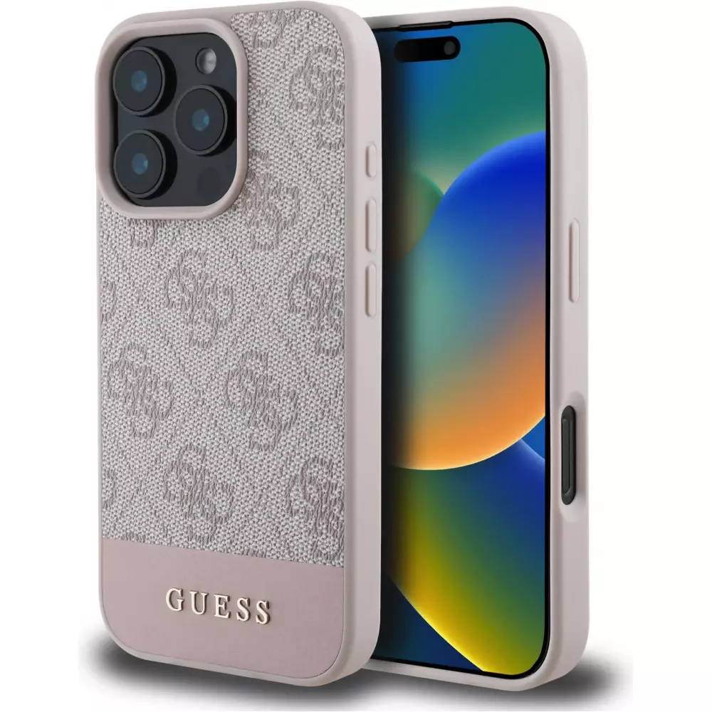 iPhone 16 Pro Case Hülle - Guess 4G Muster mit goldfarbenem 3D-Logo - Rosa