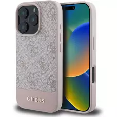 iPhone 16 Pro Case Hülle - Guess 4G Muster mit goldfarbenem 3D-Logo - Rosa