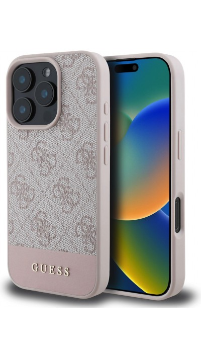 Coque iPhone 16 Pro - Guess pattern 4G avec logo 3D doré - Rose
