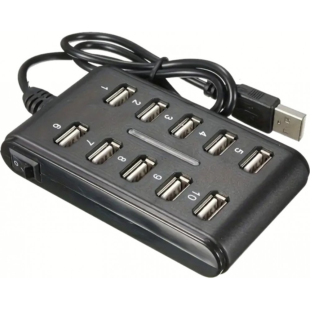Hub USB 10 ports avec interrupteur double rangée en plastique ABS pour usage domestique bureau ou gaming - Noir