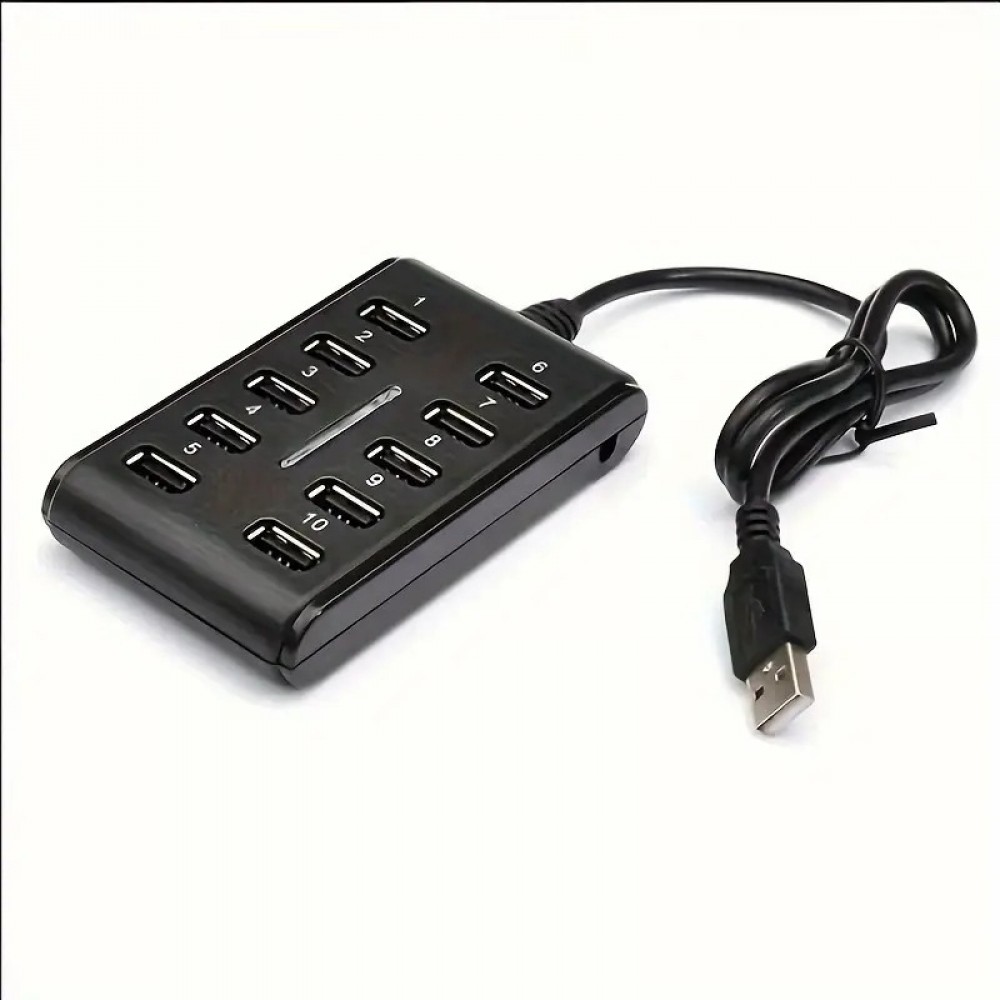 Hub USB 10 ports avec interrupteur double rangée en plastique ABS pour usage domestique bureau ou gaming - Noir