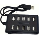 Hub USB 10 ports avec interrupteur double rangée en plastique ABS pour usage domestique bureau ou gaming - Noir