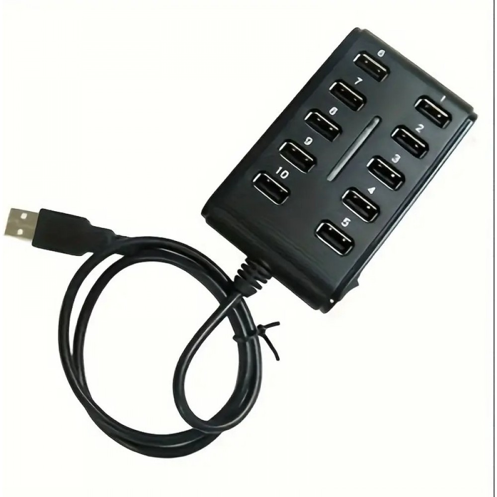Hub USB 10 ports avec interrupteur double rangée en plastique ABS pour usage domestique bureau ou gaming - Noir