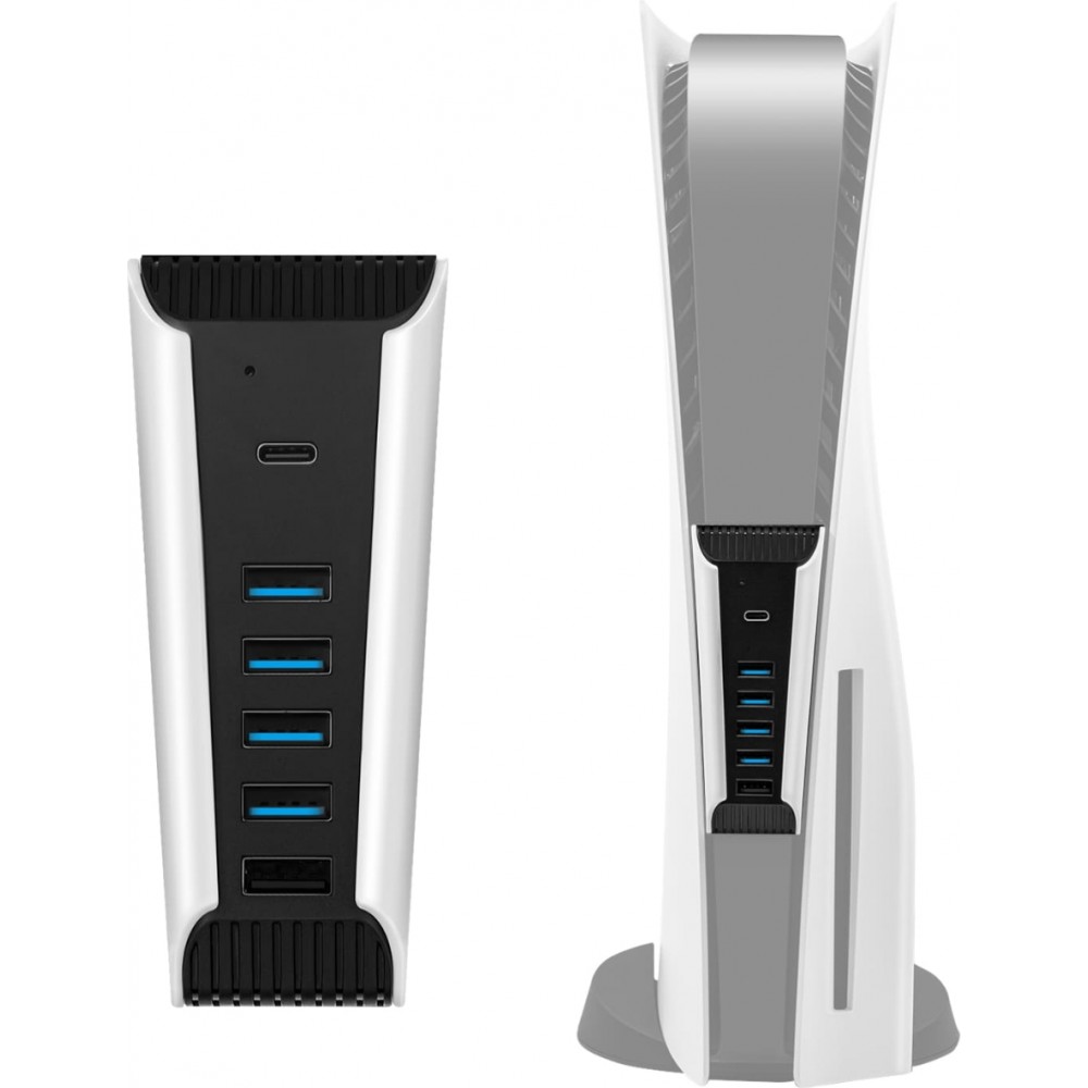 Hub USB 5 en 1 pour PS5 multiport USB 2.0 avec USB-C charge rapide et transfert de donn&eacute;es pour console PlayStation 5 - Blanc