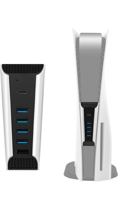 Hub USB 5 en 1 pour PS5 multiport USB 2.0 avec USB-C charge rapide et transfert de donn&eacute;es pour console PlayStation 5 - Blanc