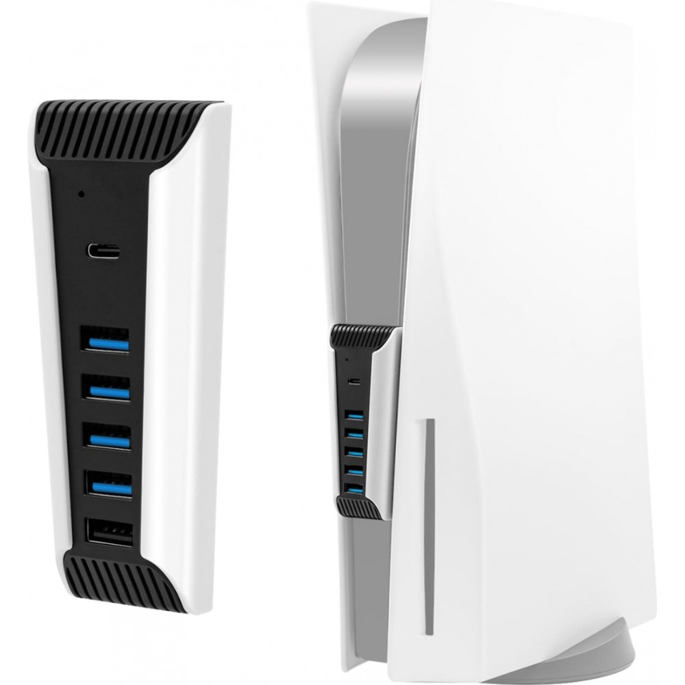 Hub USB 5 en 1 pour PS5 multiport USB 2.0 avec USB-C charge rapide et transfert de donn&eacute;es pour console PlayStation 5 - Blanc