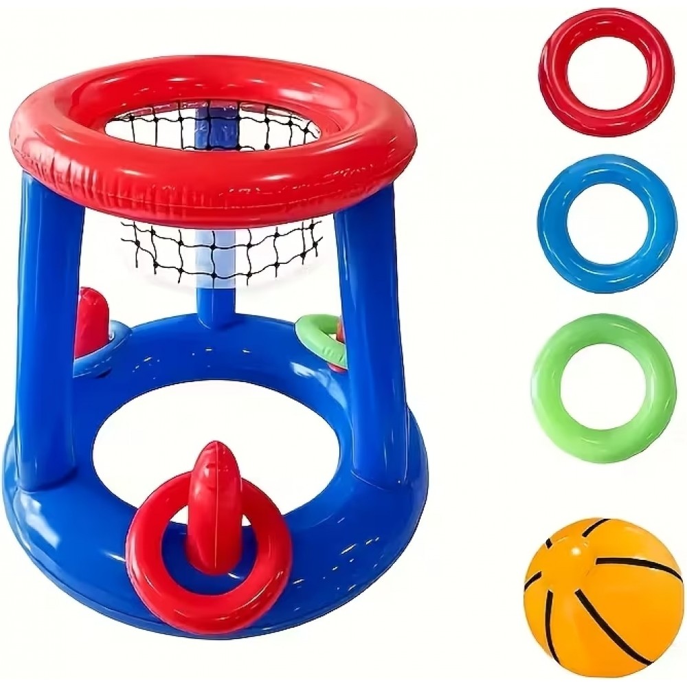 2 in 1 Poolspiel Set schwimmender Basketballkorb & Ringwurfspiel Wasserspielzeug für Sommer Kinder & Erwachsene - Blau