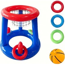 2 in 1 Poolspiel Set schwimmender Basketballkorb & Ringwurfspiel Wasserspielzeug für Sommer Kinder & Erwachsene - Blau