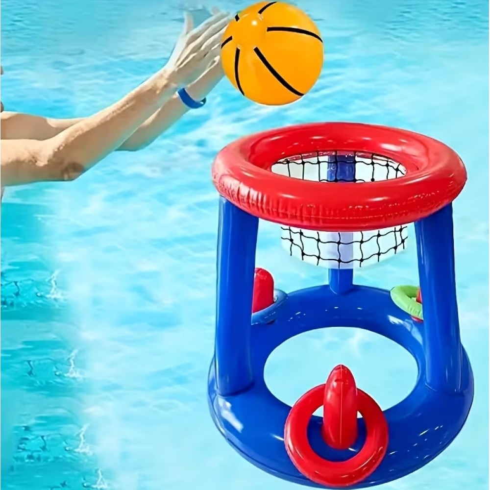 2 in 1 Poolspiel Set schwimmender Basketballkorb & Ringwurfspiel Wasserspielzeug für Sommer Kinder & Erwachsene - Blau