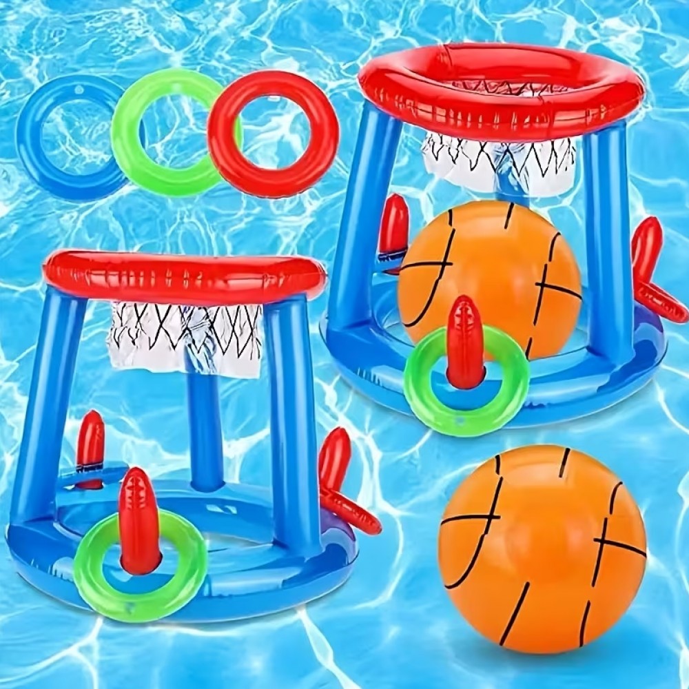 2 in 1 Poolspiel Set schwimmender Basketballkorb & Ringwurfspiel Wasserspielzeug für Sommer Kinder & Erwachsene - Blau