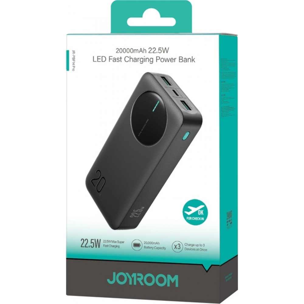 Joyroom JR-PBF14 Pro Powerbank 3 en 1 avec capacit&eacute; de 20000mAh 22.5W clean Design 2x USB-A 2.4 & 1x USB-C (In+Out) - Noir