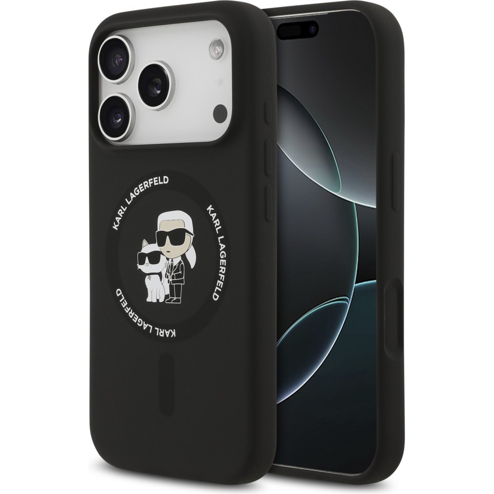 Coque iPhone 17 Pro - Karl Lagerfeld Liquid en silicone avec design Karl et Choupette compatible MagSafe - Noir