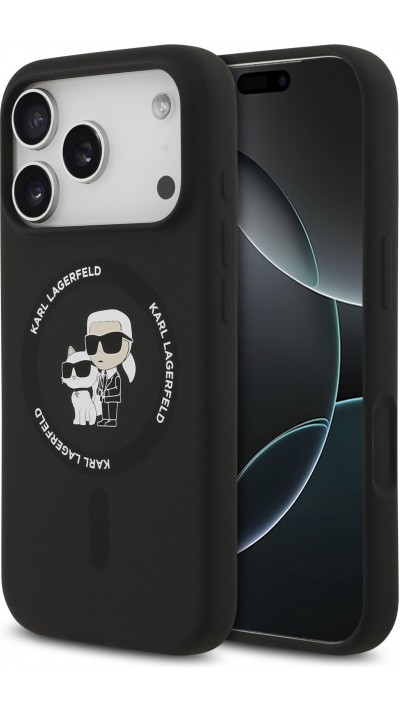 Coque iPhone 17 Pro - Karl Lagerfeld Liquid en silicone avec design Karl et Choupette compatible MagSafe - Noir