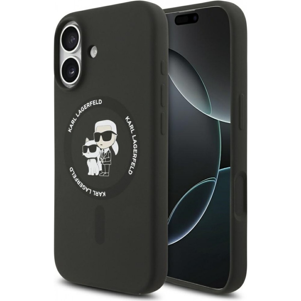 Coque iPhone 17 - Karl Lagerfeld Liquid en silicone avec design Karl et Choupette compatible MagSafe - Noir