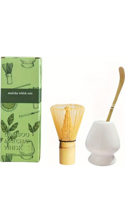 Traditionelles 3-teiliges Japanisches Matcha-Set mit Bambusbesen + Keramikhalter + Bambusl&ouml;ffel - Weiss