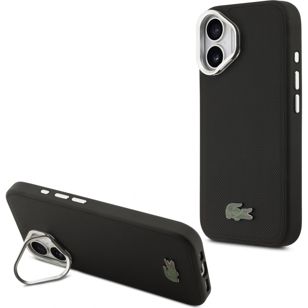 Coque iPhone 17 - Lacoste Iconique Petit Piqué MagSafe avec support en métal sur la caméra - Noir