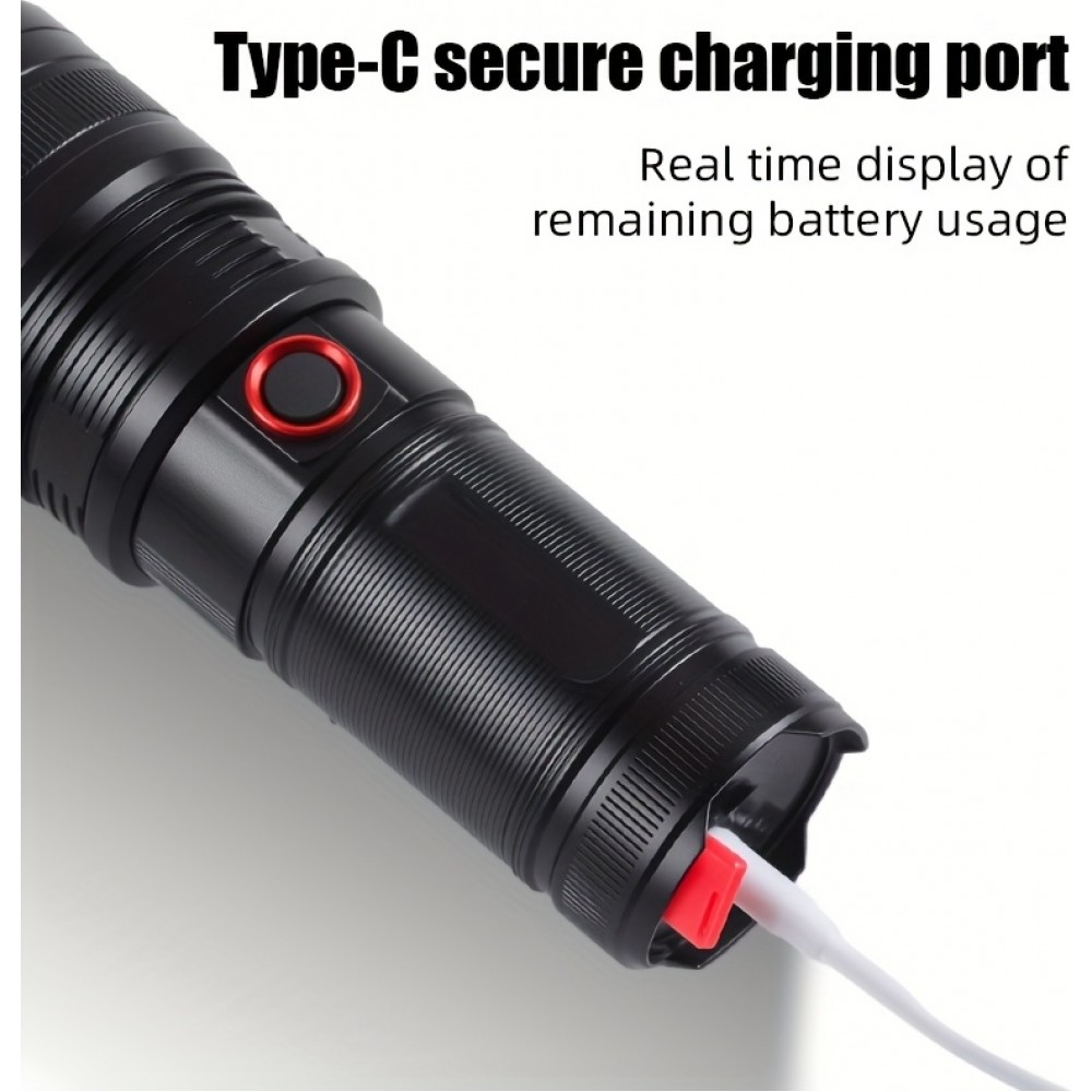 Lampe torche rechargeable USB-C LED aluminium 2000 lumens faisceau puissant 800m focus ajustable - Noir
