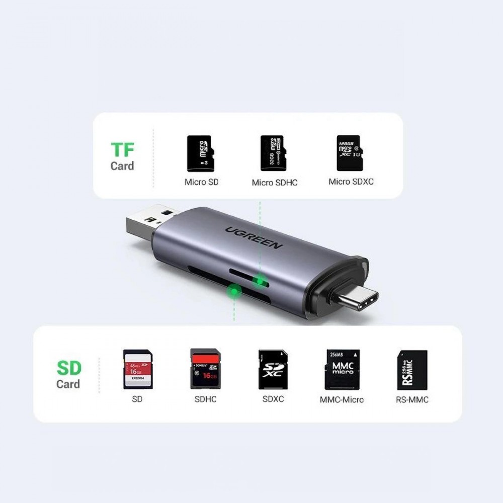 Lecteur de cartes Ugreen 2 en 1 avec USB-C / USB-A 3.0 / SD Card / TF Card design ultra-compact - Gris