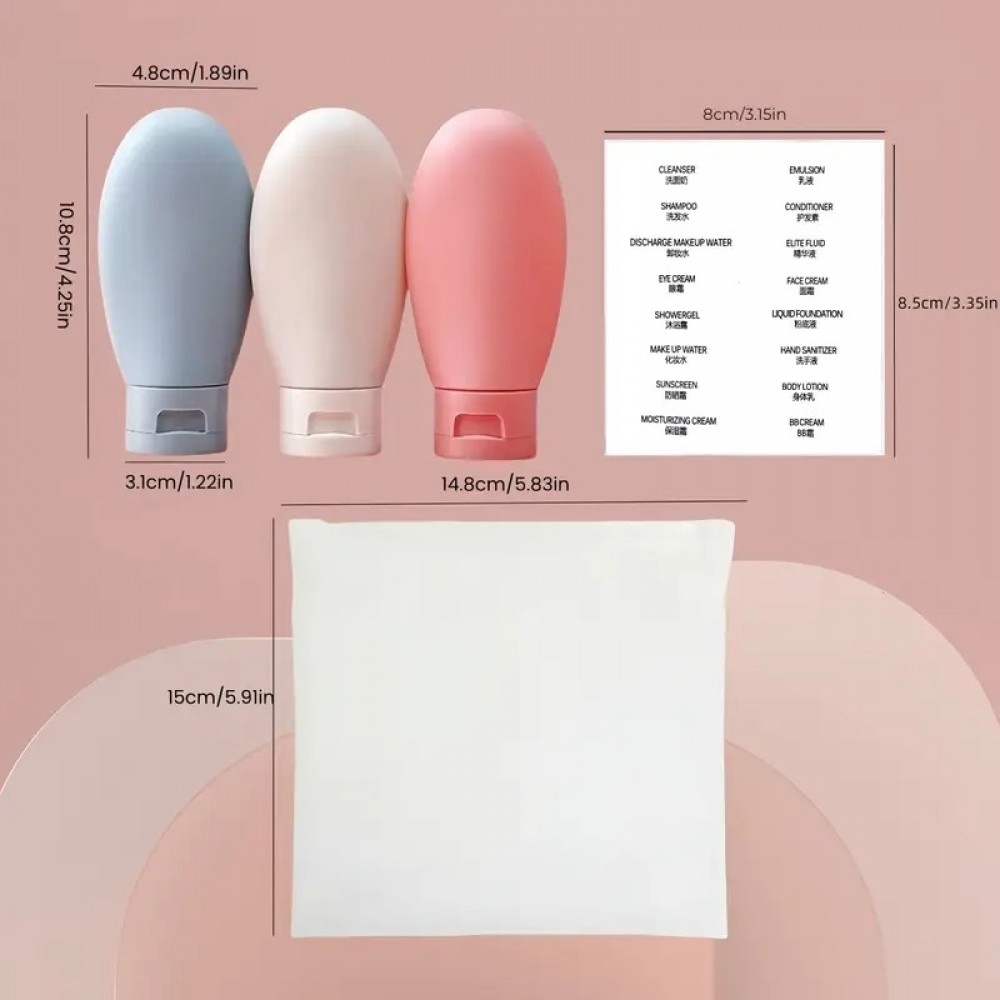 3er Set wiederverwendbare Silikon-Reiseflaschen f&uuml;r Kosmetik und Pflege (60 ml) - Fluggeeignet - Multicolore