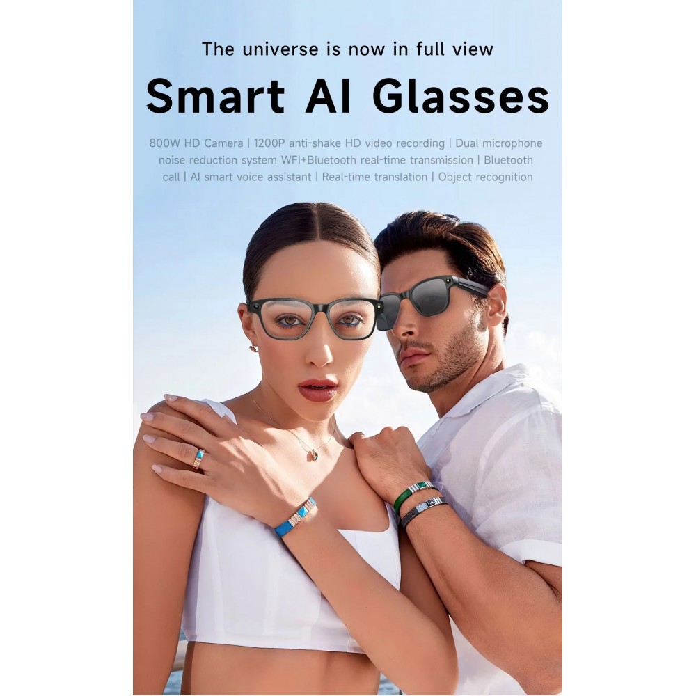 Lunettes de soleil intelligentes avec cam&eacute;ra AI 8 MP HD 4K avec traduction WIFI+Bluetooth transmission en temps r&eacute;el - Noir
