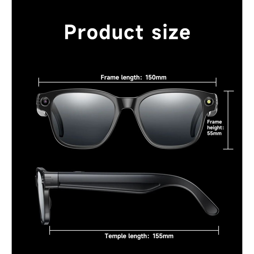 Lunettes de soleil intelligentes avec cam&eacute;ra AI 8 MP HD 4K avec traduction WIFI+Bluetooth transmission en temps r&eacute;el - Noir