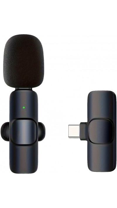 Microphone cravate sans fil Bluetooth rechargeable USB-C pour smartphone et tablette avec enregistrement facile (set de 2 pièces) - Noir