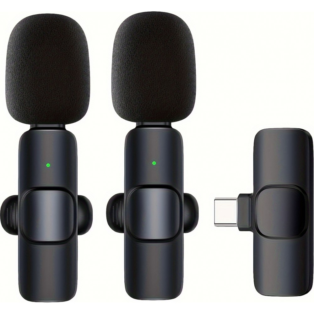 Microphone cravate sans fil Bluetooth rechargeable USB-C pour smartphone et tablette avec enregistrement facile (set de 2 pièces) - Noir