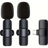 Microphone cravate sans fil Bluetooth rechargeable USB-C pour smartphone et tablette avec enregistrement facile (set de 2 pièces) - Noir