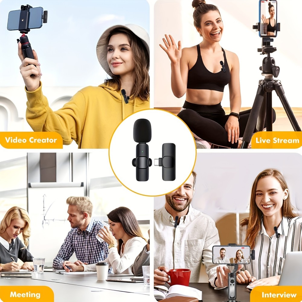 Microphone cravate sans fil Bluetooth rechargeable USB-C pour smartphone et tablette avec enregistrement facile (set de 2 pièces) - Noir