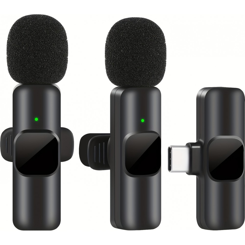 Microphone cravate sans fil Bluetooth rechargeable USB-C pour smartphone et tablette avec enregistrement facile (set de 3 pièces) - Noir