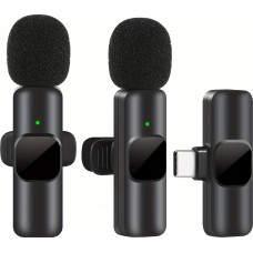 Microphone cravate sans fil Bluetooth rechargeable USB-C pour smartphone et tablette avec enregistrement facile (set de 3 pièces) - Noir
