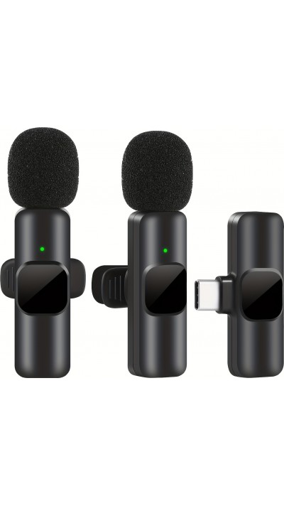 Microphone cravate sans fil Bluetooth rechargeable USB-C pour smartphone et tablette avec enregistrement facile (set de 3 pièces) - Noir