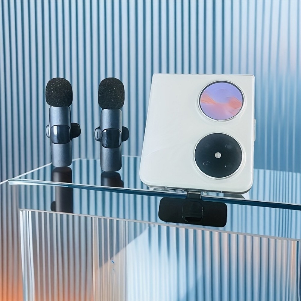 Microphone cravate sans fil Bluetooth rechargeable USB-C pour smartphone et tablette avec enregistrement facile (set de 3 pièces) - Noir