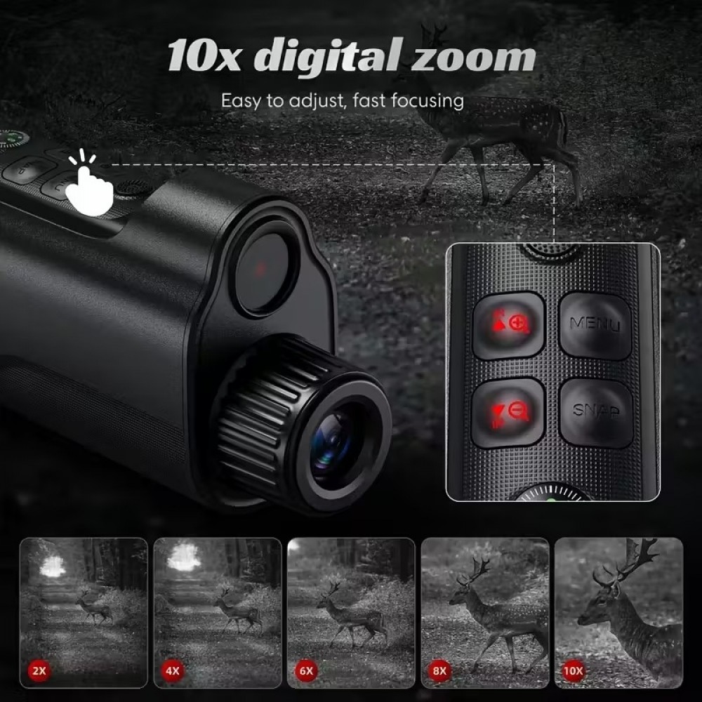Monoculaire zoom 10x &eacute;cran HD vision nocturne 800m HD infrarouge 5W starlight photo/vid&eacute;o et rechargeable USB - Noir