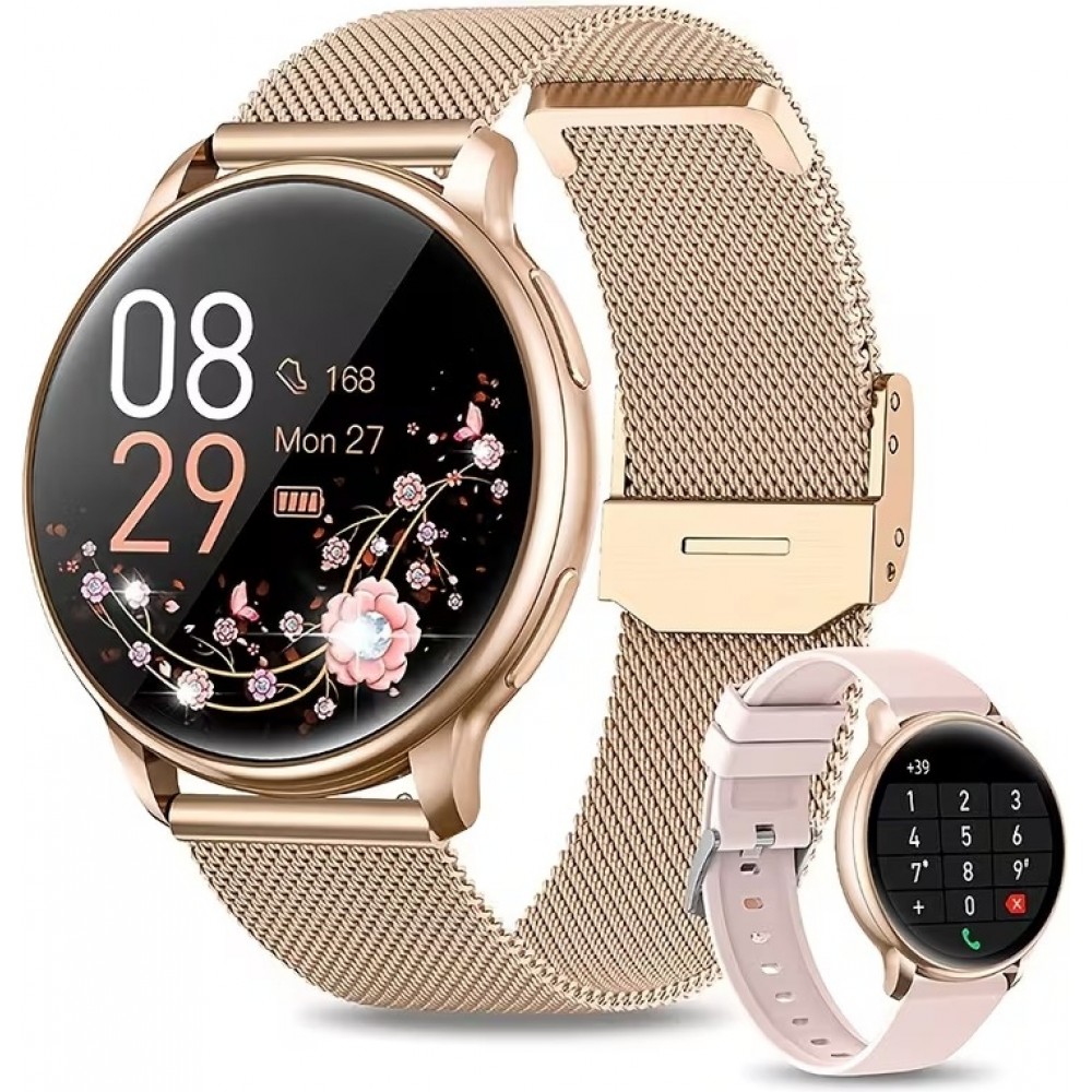 Montre connect&eacute;e Little Meatball G35 Bluetooth appels 120 modes sport podom&egrave;tre suivi sommeil activit&eacute; batterie longue dur&eacute;e 30 jours avec 2 bracelets - Or rose