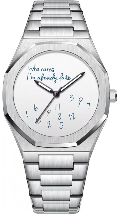 Montre de style minimaliste Who cares I'm already late (cadran blanc) 42 mm - Argent