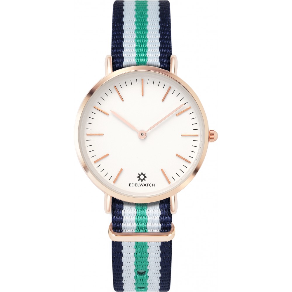 Montre Edelwatch 32 mm (Ladies) cadran doré fond blanc (pile non incluse) - Bracelet bleu / blanc / vert