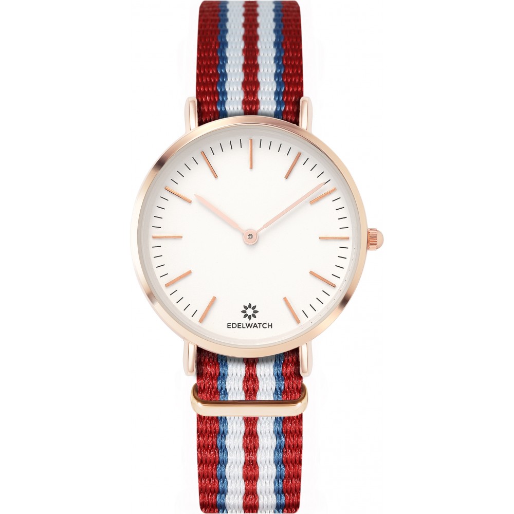 Montre Edelwatch 32 mm (Ladies) cadran doré fond blanc (pile non incluse) - Bracelet rouge / bleu / blanc