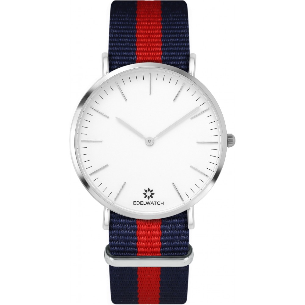 Montre Edelwatch 41 mm (Men) cadran argenté fond blanc (pile non incluse) - Bracelet bleu / rouge