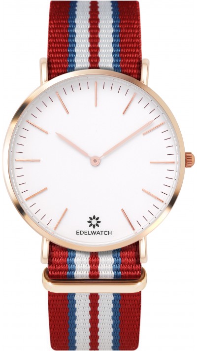 Montre Edelwatch 41 mm (Men) cadran doré fond blanc (pile non incluse) - Bracelet rouge / blanc / bleu